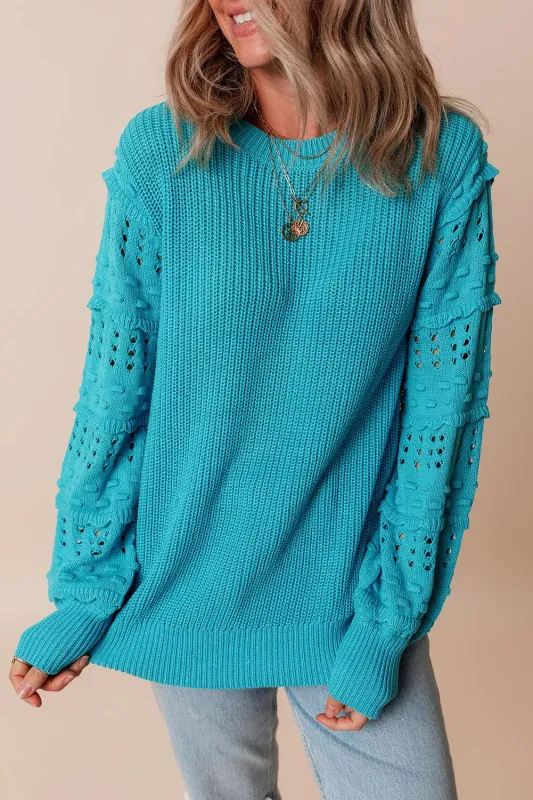 Turquoise Ruffled Eyelet Bubble Sleeve Sweater sold by eAura