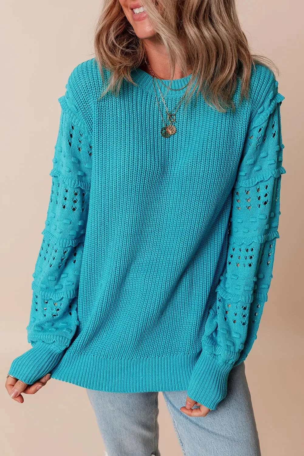 Turquoise Ruffled Eyelet Bubble Sleeve Sweater sold by eAura