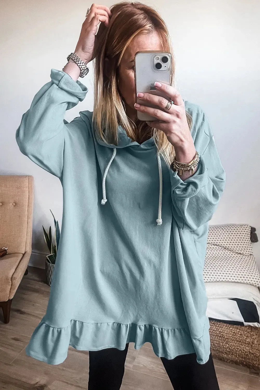 Iceland Blue Solid Ruffled Hem Loose Fit Tunic Hoodie sold by eAura product image thumbnail 3
