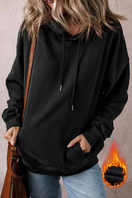 Black Fleece Lined Kangaroo Pocket Drawstring Chunky Hoodie sold by eAura