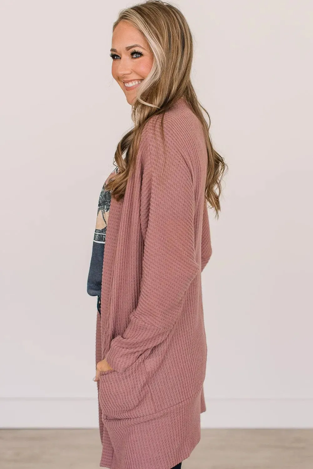 Mineral Red Solid Color Waffle Knit Cardigan with Pocket sold by eAura product image thumbnail 5