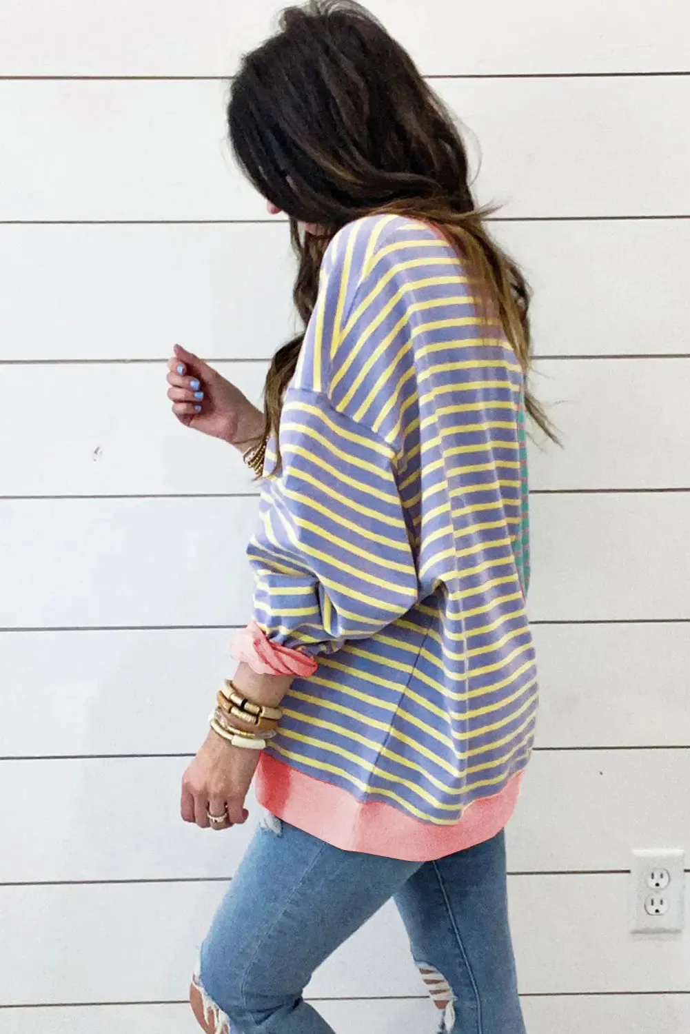 Brown Stripe Casual Stripe Colorblock Drop Shoulder Oversize Sweatshirt sold by eAura product image thumbnail 5