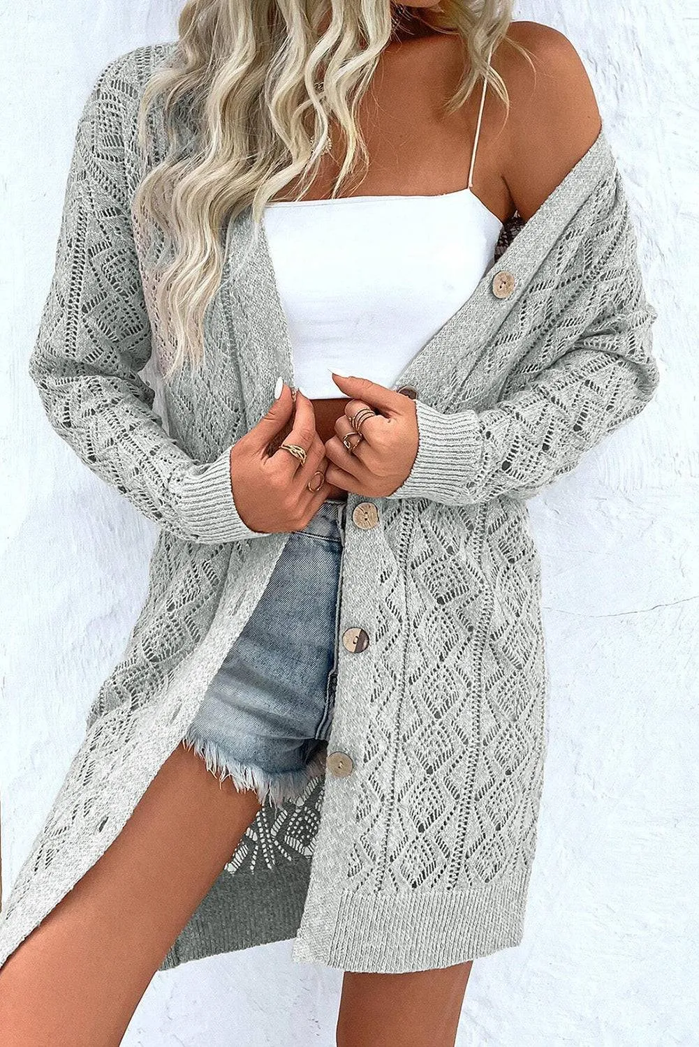 Gray Hollow Out Buttons Front Long Cardigan sold by eAura product image thumbnail 4
