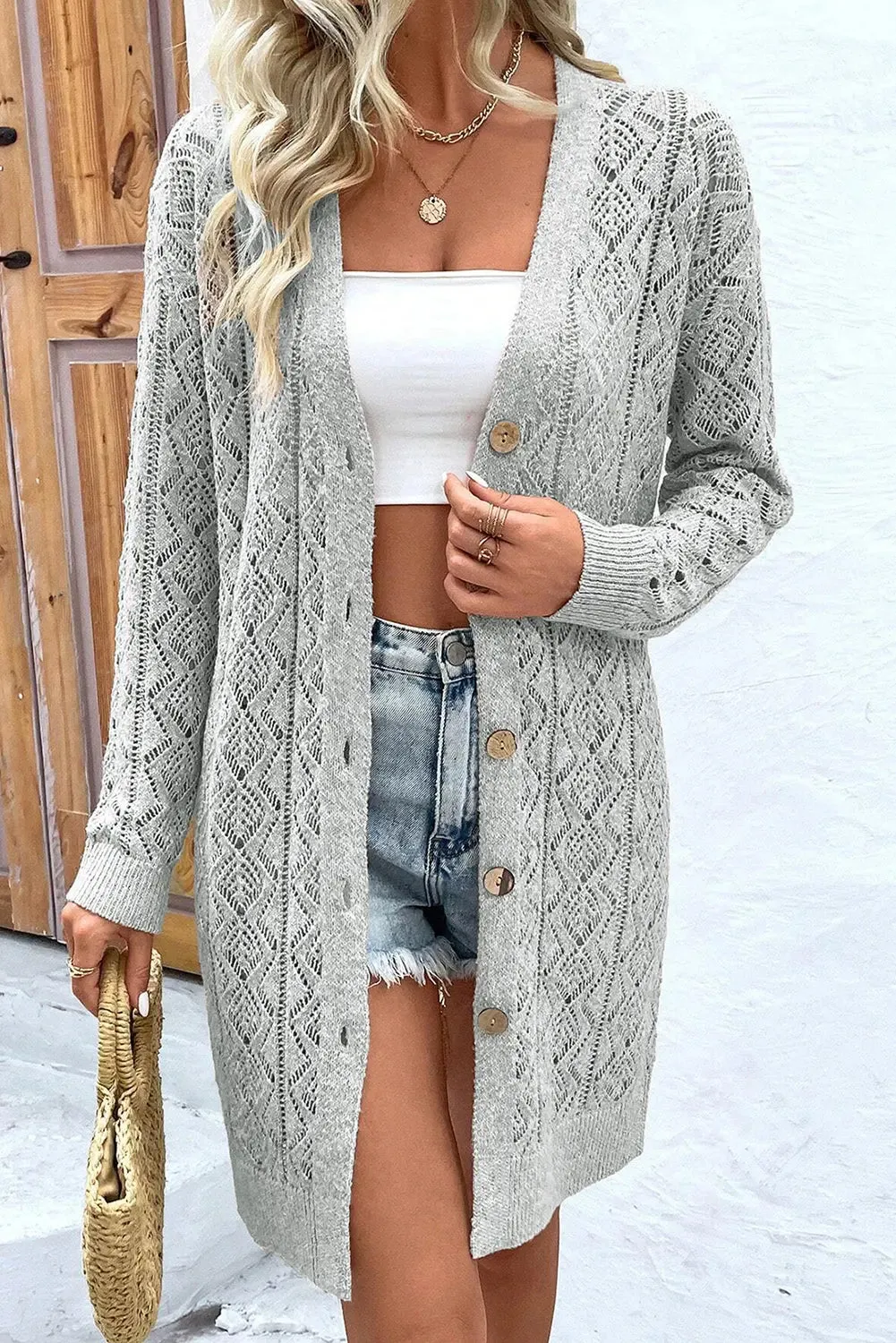 Gray Hollow Out Buttons Front Long Cardigan sold by eAura product image thumbnail 3