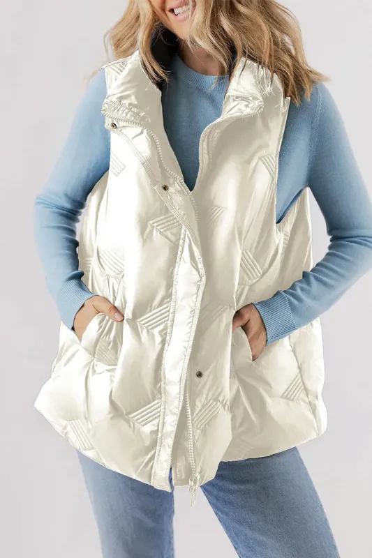 White Quilted High Neck Zip Up Jacket Vest sold by eAura