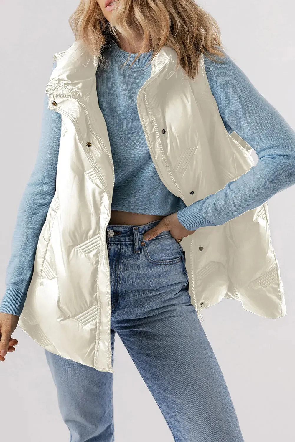 White Quilted High Neck Zip Up Jacket Vest sold by eAura product image thumbnail 3