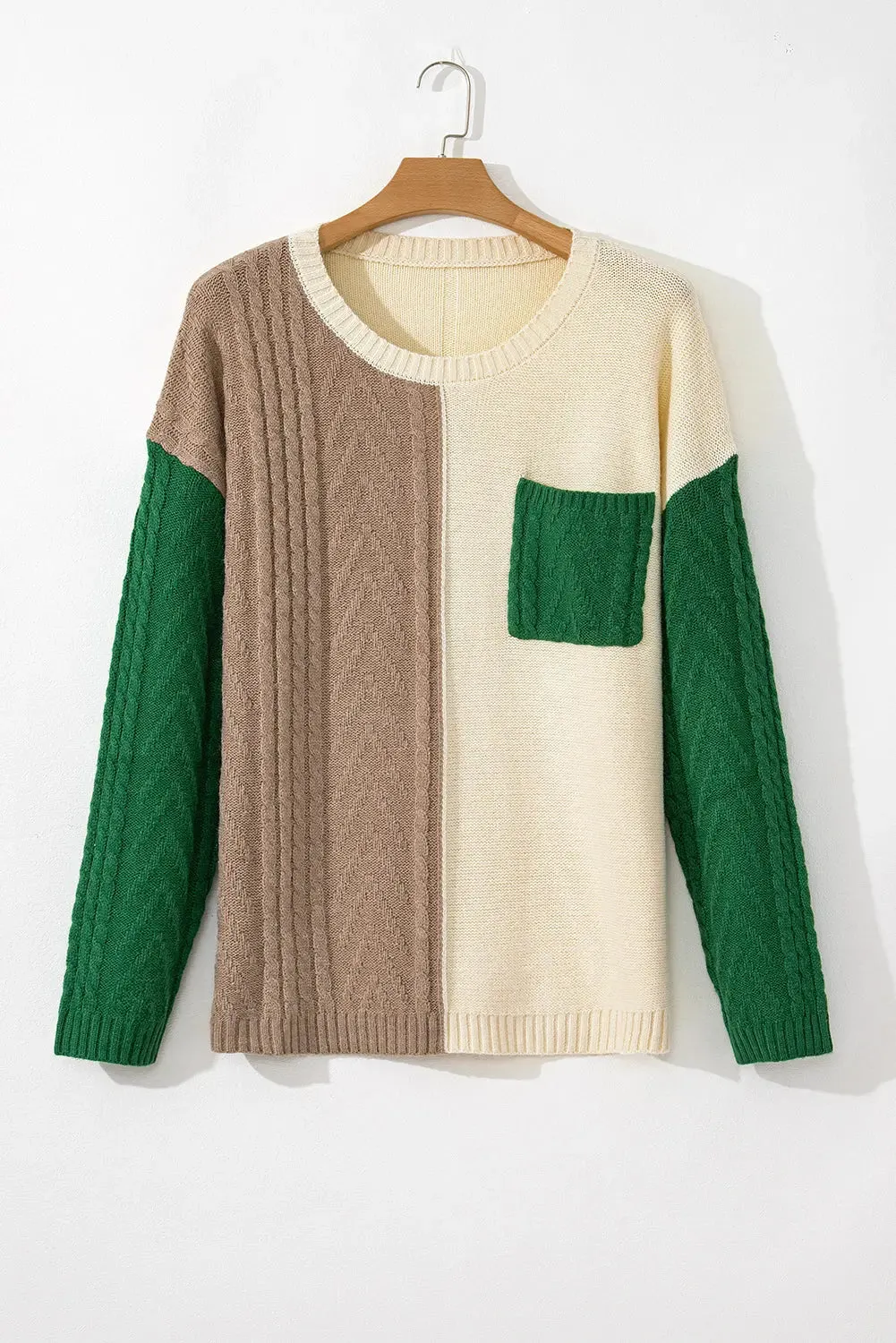 Mist Green Plus Size Cable Knit Color Block Drop Shoulder Sweater sold by eAura