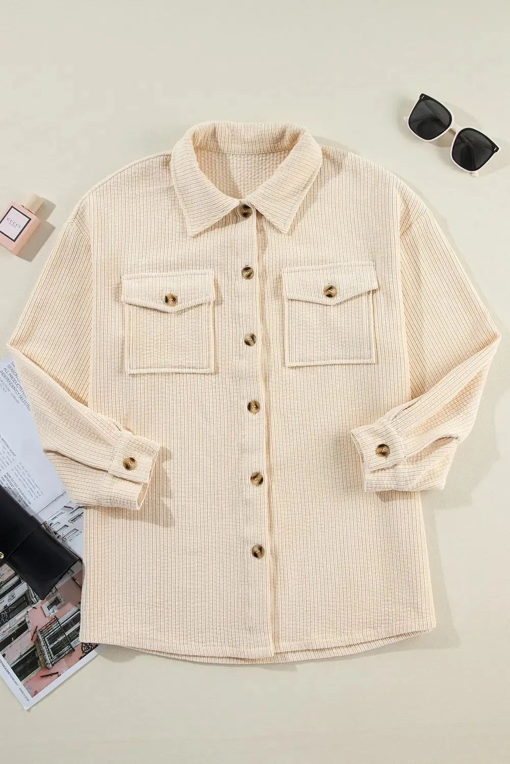 Chestnut Corduroy Flap Pocket Button Up Shacket sold by eAura