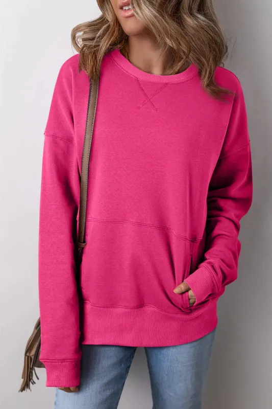 Rose Red Drop Shoulder Crisscross Stitching Pocketed Loose Sweatshirt made by eAura