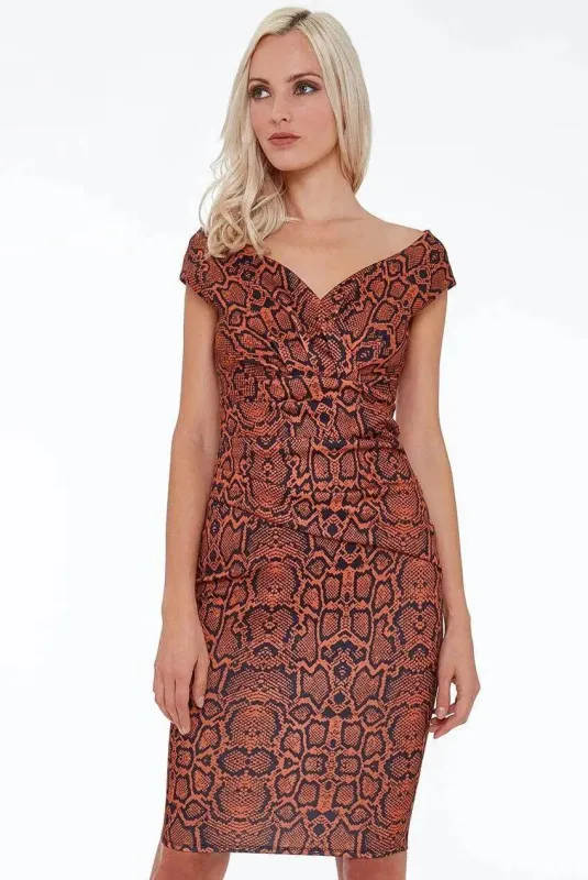 City Goddess Snake Print Bardot Midi Dress Sizes 8, 10 sold by eAura