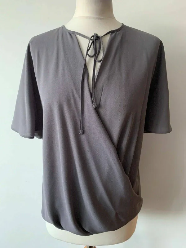 New Look Grey Tie Neck Wrap Blouse Size 8 Draped Short Sleeves sold by eAura