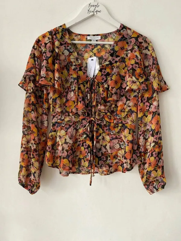 Topshop Ruffle Chiffon Blouse Tie Front Sizes 6, 8 made by Topshop