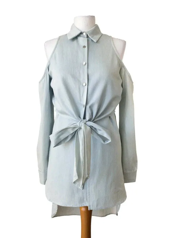 Runaway The Label Cold Shoulder Tie Front Denim Longline Shirt Sizes 8, 10 sold by eAura