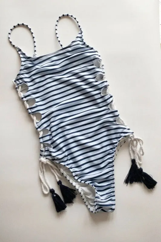 Runaway The Label Nautical Swimsuit Striped Blue Roped Cut Out Sides 6, 8, 10 UK sold by eAura