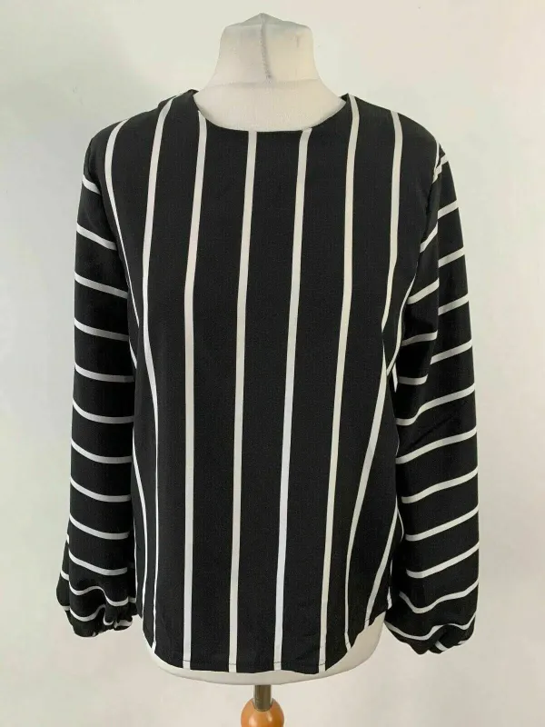 SHEIN Bishop Sleeve Blouse Striped Black & White Top Size M 10 sold by eAura