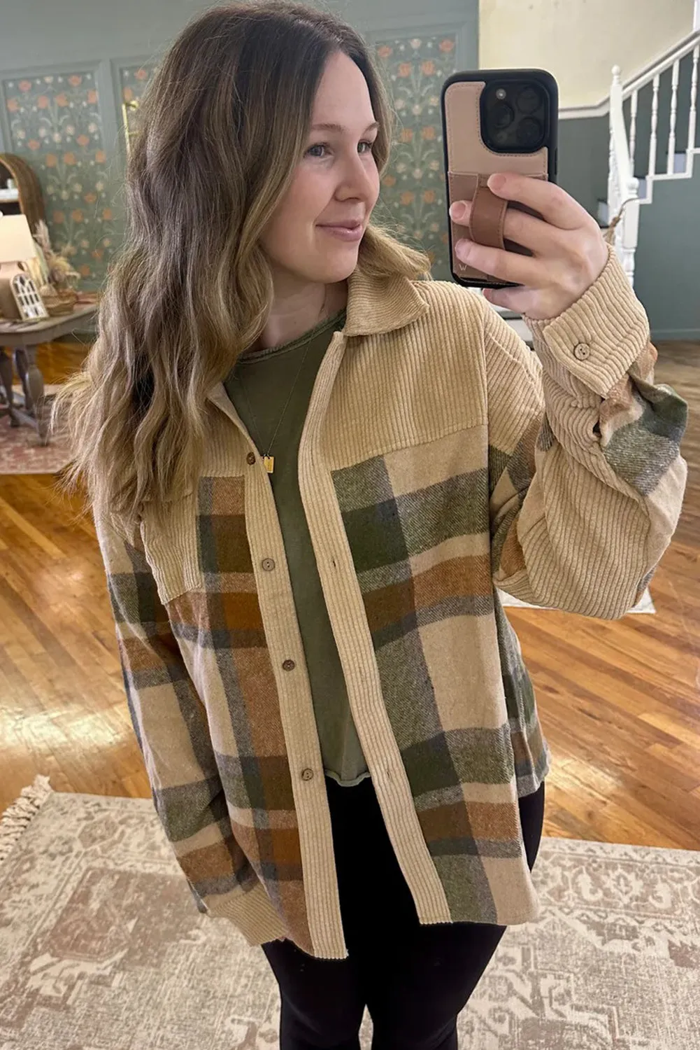 Retro Plaid Corduroy Patchwork Shacket sold by eAura product image thumbnail 2