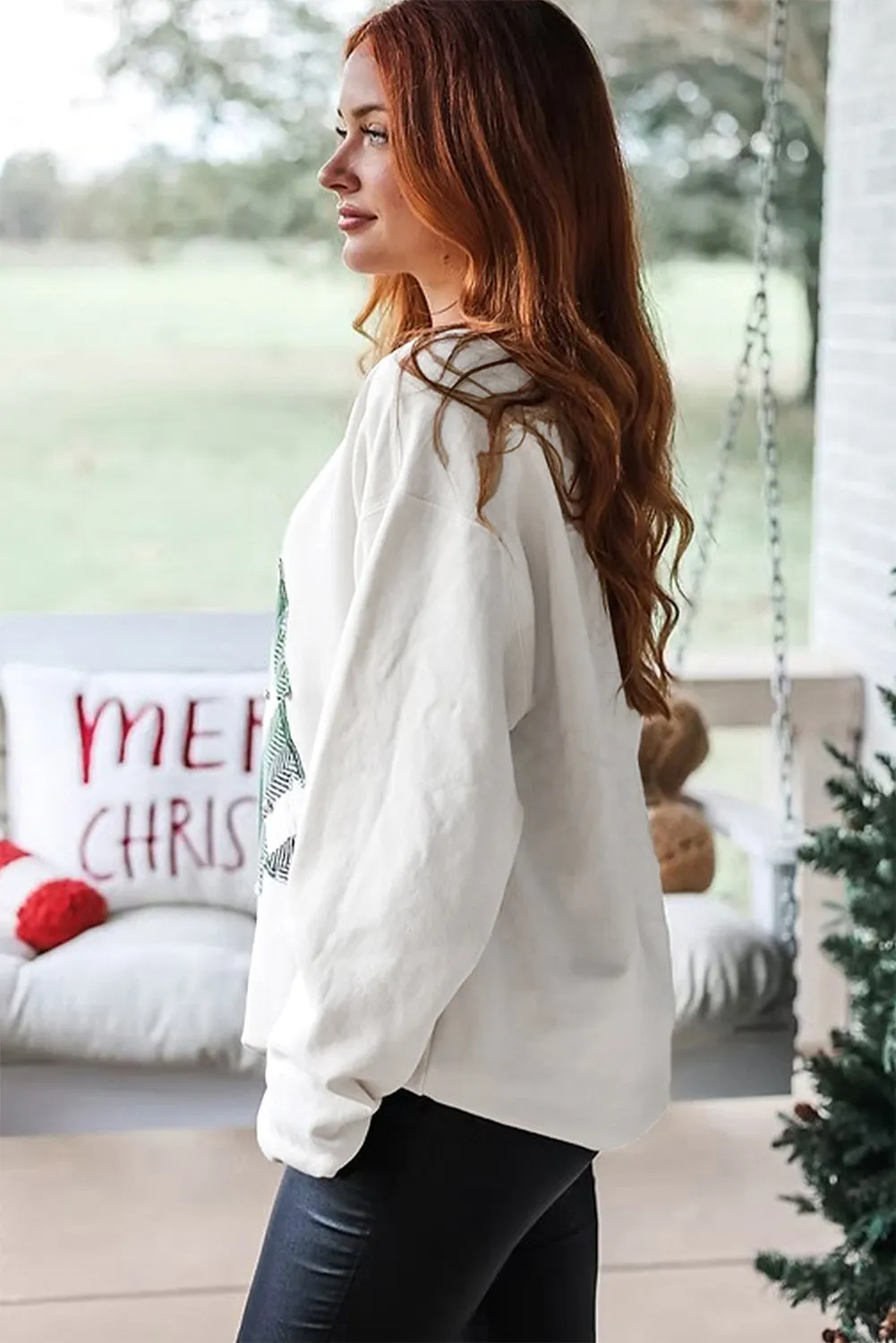 Pearl Plaid Christmas Tree Patched Drop Shoulder Sweatshirt sold by eAura product image thumbnail 3