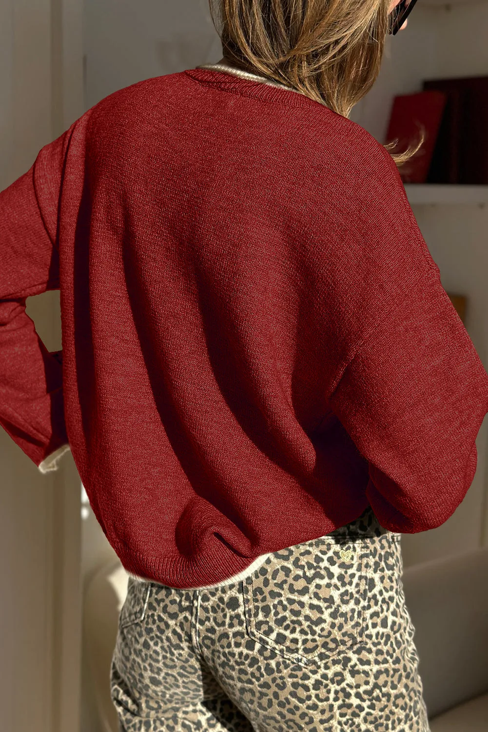 Leopard Bow Decor Split Cuff Contrast Trim Sweater sold by eAura product image thumbnail 2