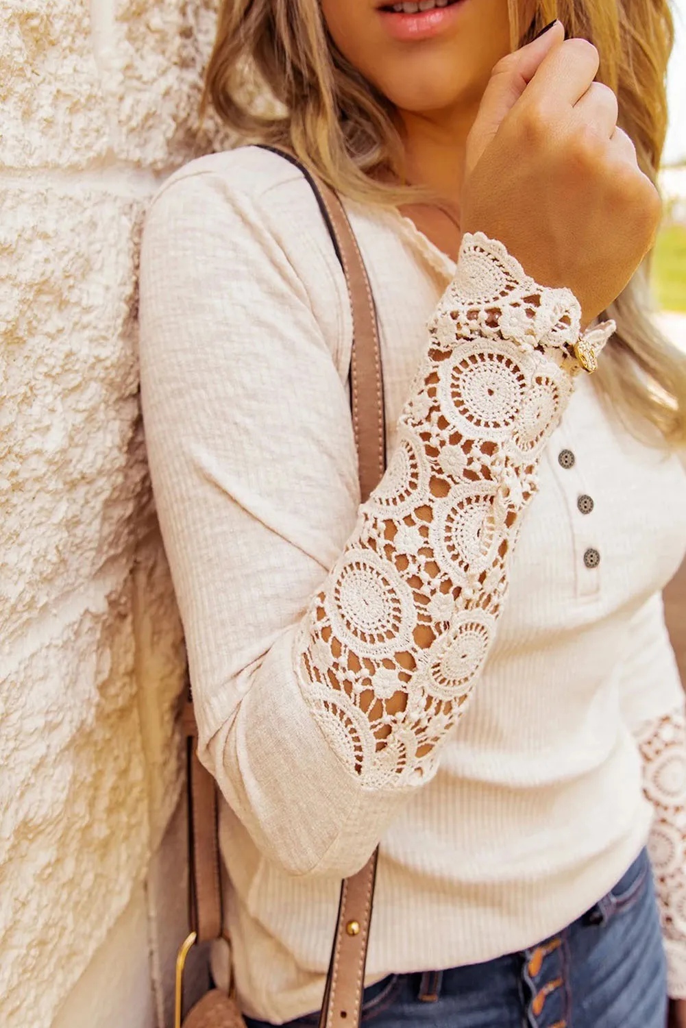 Beige Crochet Lace Hem Sleeve Button Top sold by eAura product image thumbnail 3
