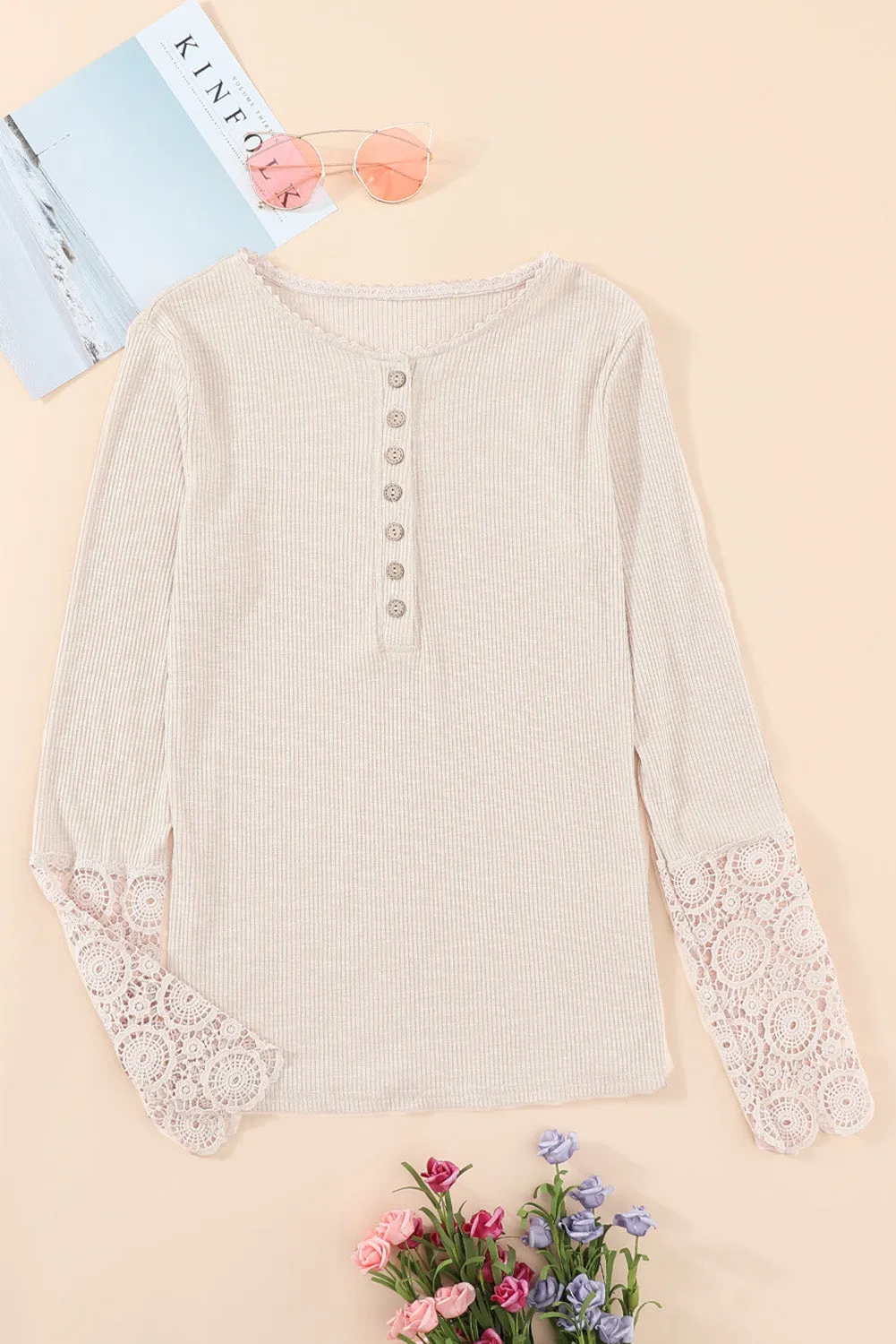 Beige Crochet Lace Hem Sleeve Button Top sold by eAura product image thumbnail 5