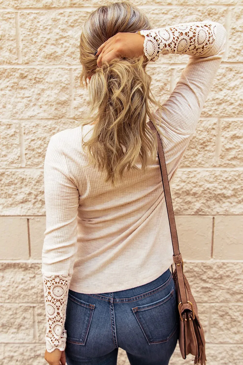 Beige Crochet Lace Hem Sleeve Button Top sold by eAura product image thumbnail 2