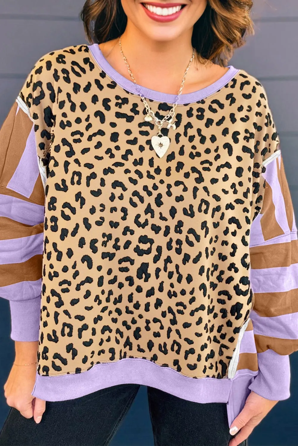 Leopard Striped Patchwork Plus Size Loose Sweatshirt sold by eAura