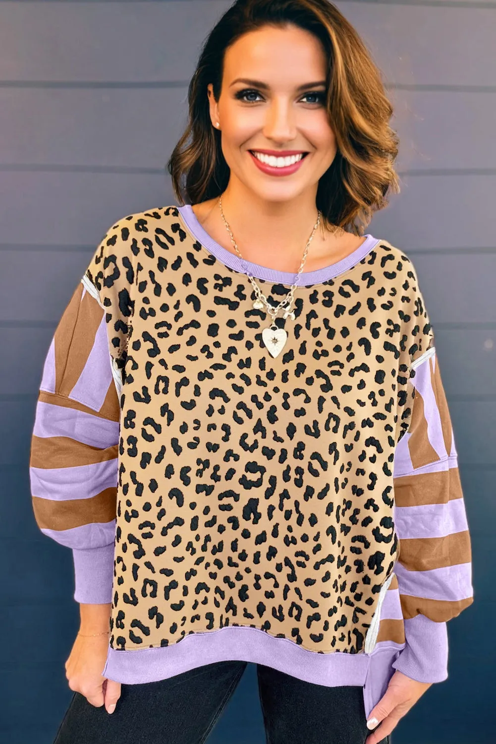 Leopard Striped Patchwork Plus Size Loose Sweatshirt sold by eAura product image thumbnail 2