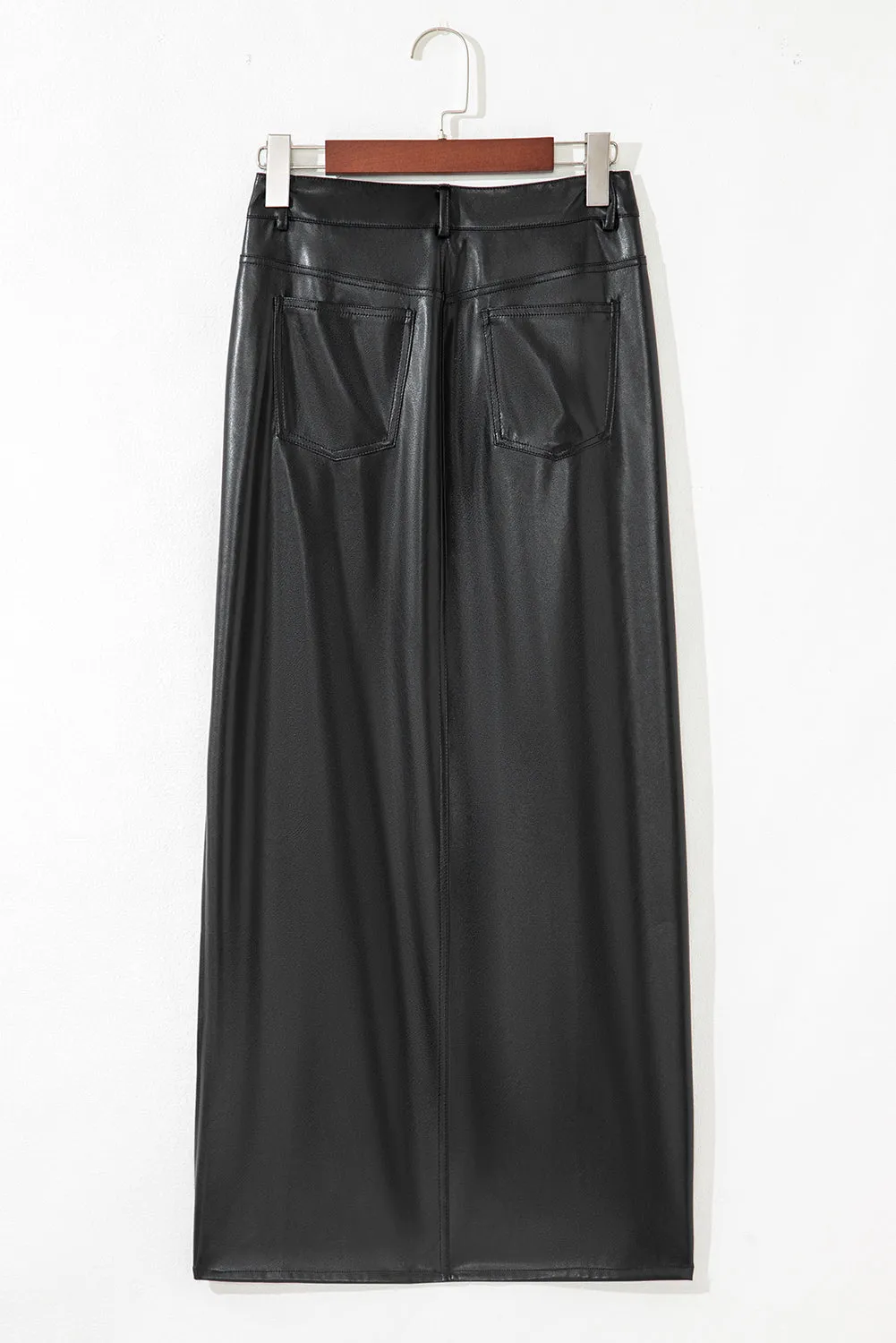 Black Faux Leather Side Slit Maxi Skirt sold by eAura product image thumbnail 3