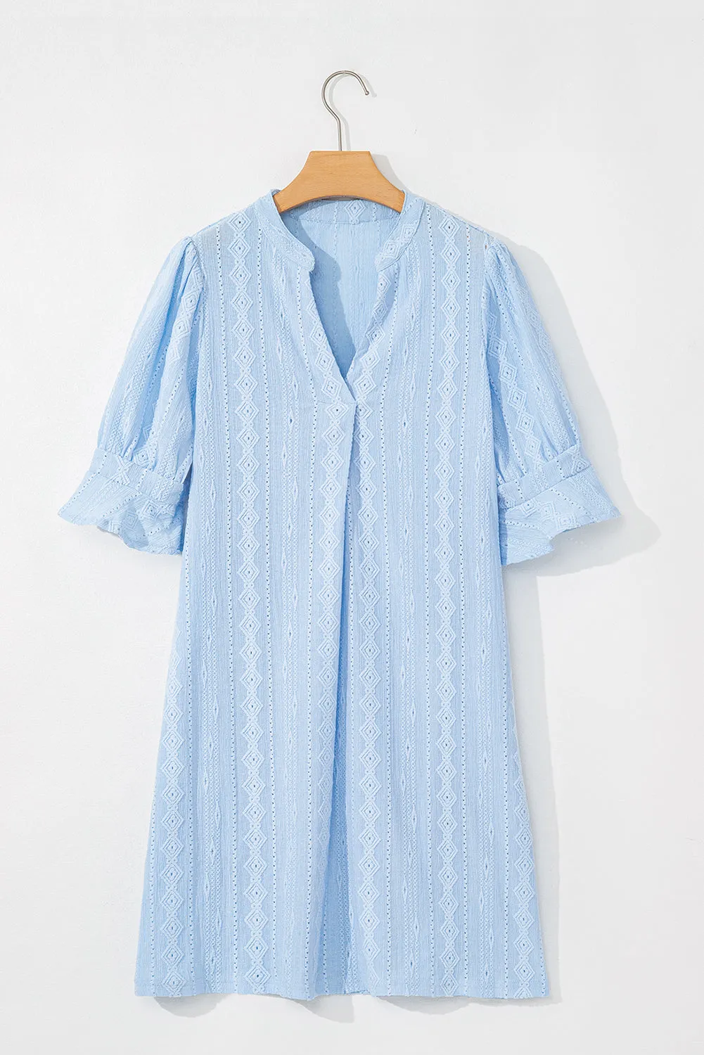 Beau Blue Jacquard Texture Flared Short Sleeve Notched Neck Mini Dress sold by eAura product image thumbnail 4