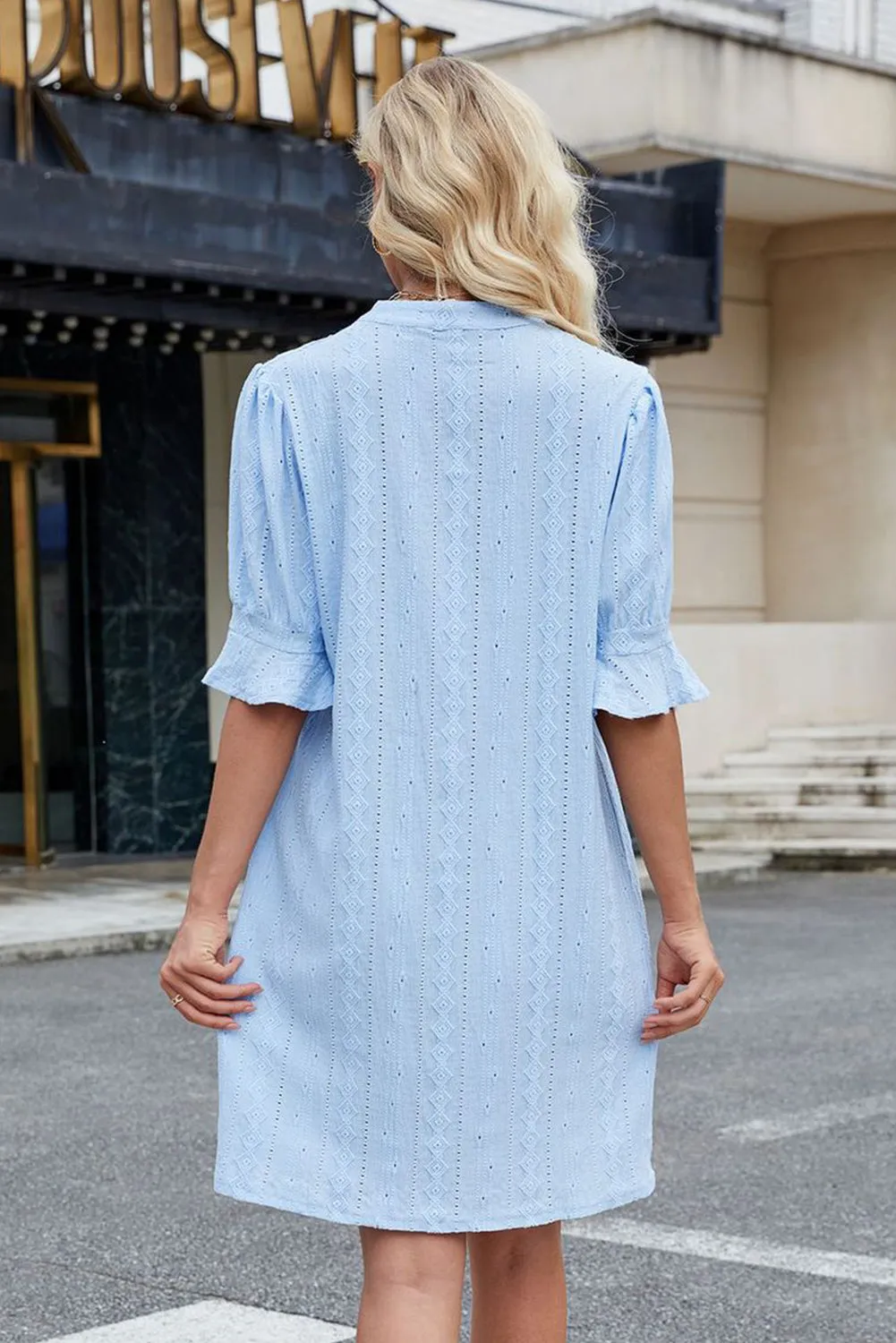Beau Blue Jacquard Texture Flared Short Sleeve Notched Neck Mini Dress sold by eAura product image thumbnail 2