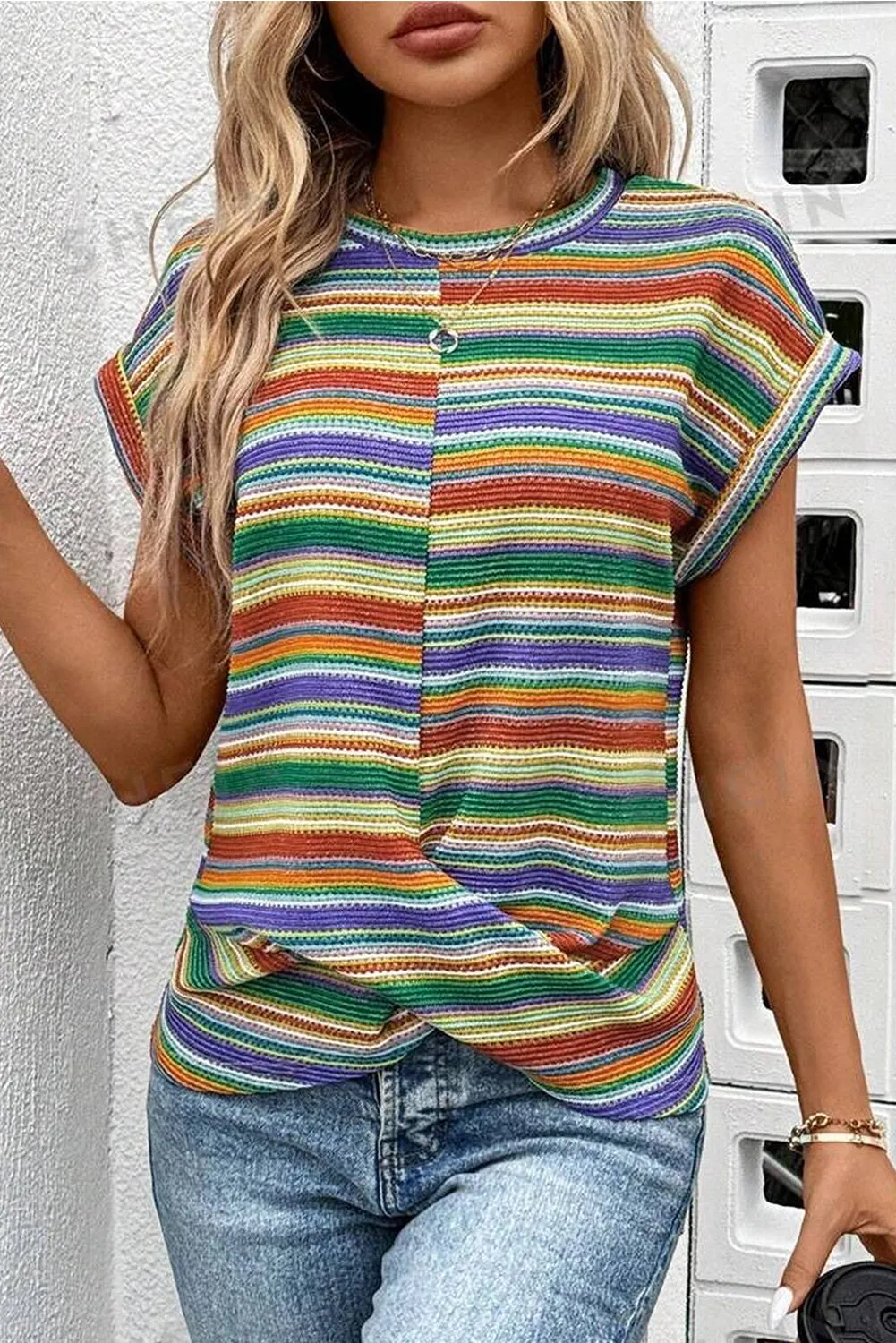 Multicolour Striped Pattern Twist Hem Short Sleeve Top sold by eAura