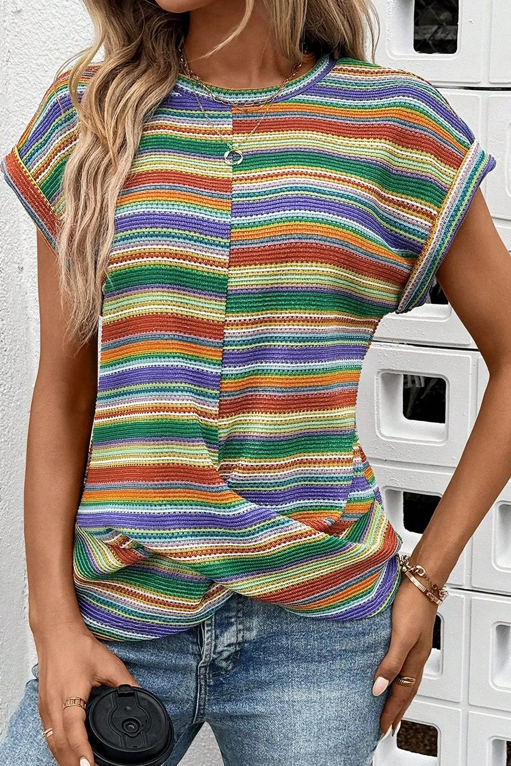 Multicolour Striped Pattern Twist Hem Short Sleeve Top sold by eAura product image thumbnail 3