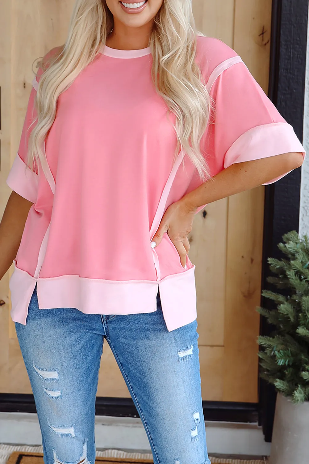 Peach Blossom Half Sleeve Raw Seam High Low Side Split Top sold by eAura product image thumbnail 5