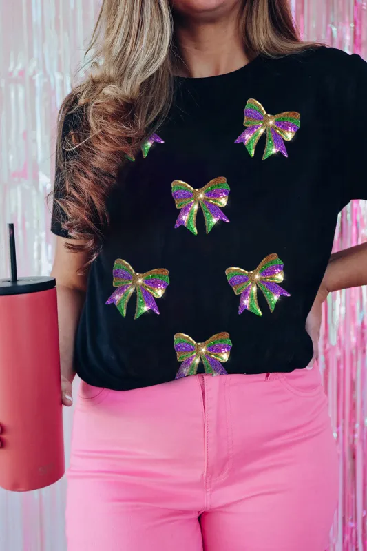 Black Sequin Mardi Gras Bow Graphic Crewneck Tee sold by eAura