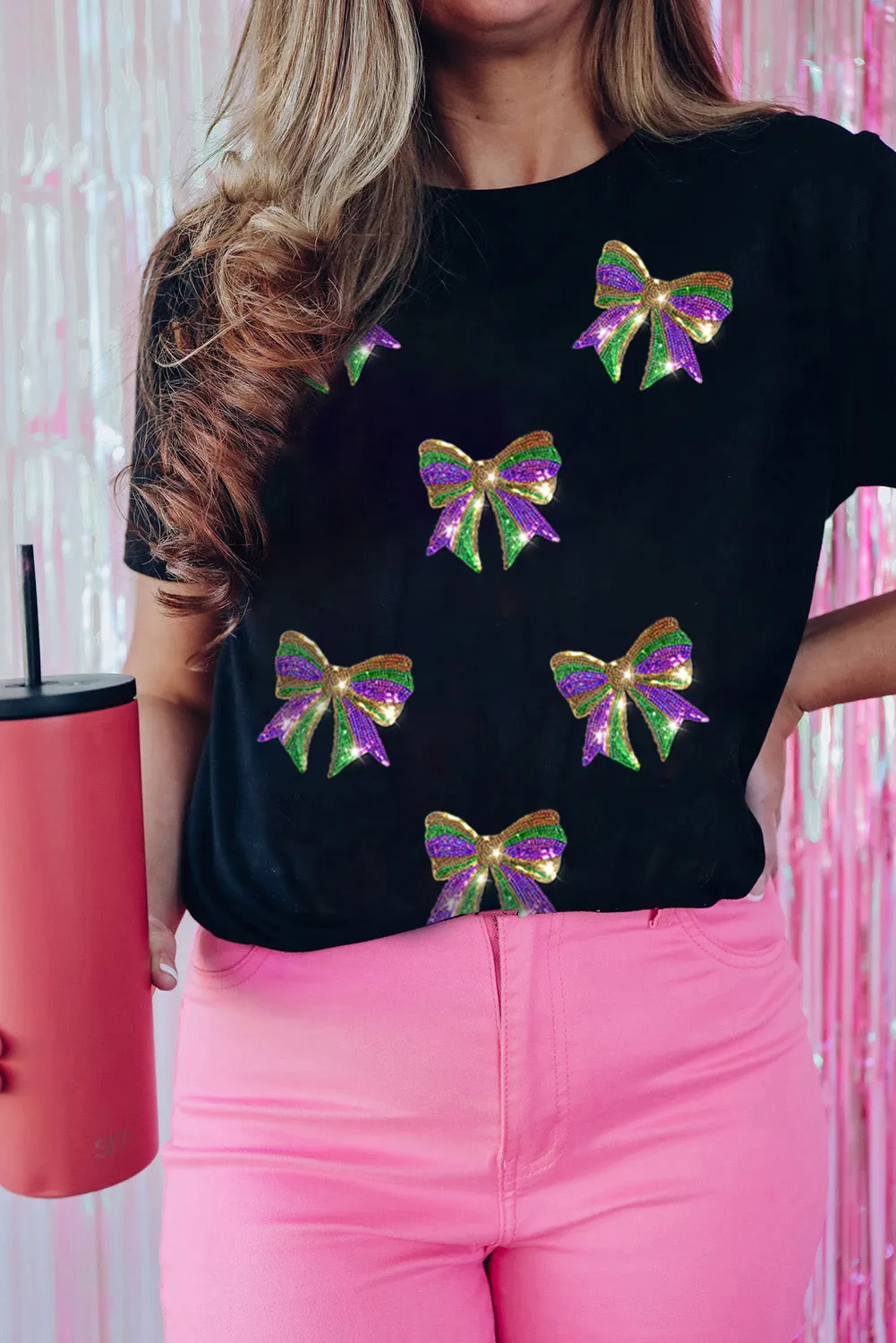 Black Sequin Mardi Gras Bow Graphic Crewneck Tee sold by eAura