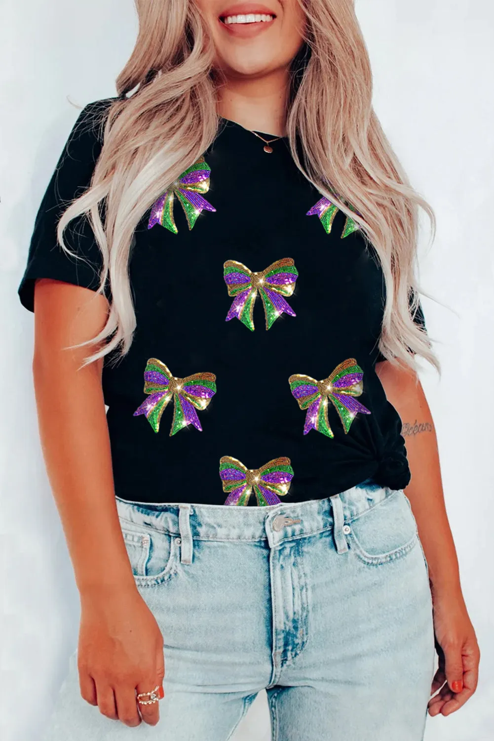 Black Sequin Mardi Gras Bow Graphic Crewneck Tee sold by eAura product image thumbnail 2