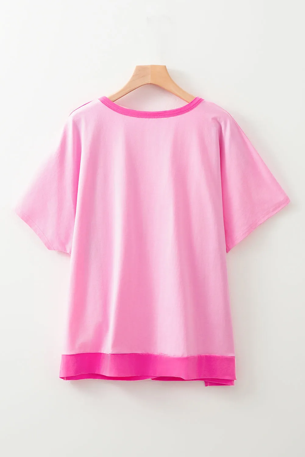 Bright Pink Colourblock Patchwork Short Sleeve Buttons Plus Size Henley Top sold by eAura product image thumbnail 4