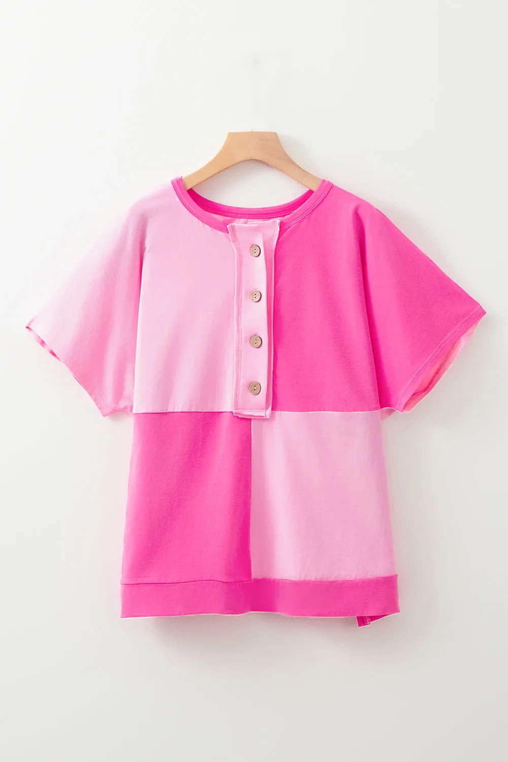 Bright Pink Colourblock Patchwork Short Sleeve Buttons Plus Size Henley Top sold by eAura product image thumbnail 3