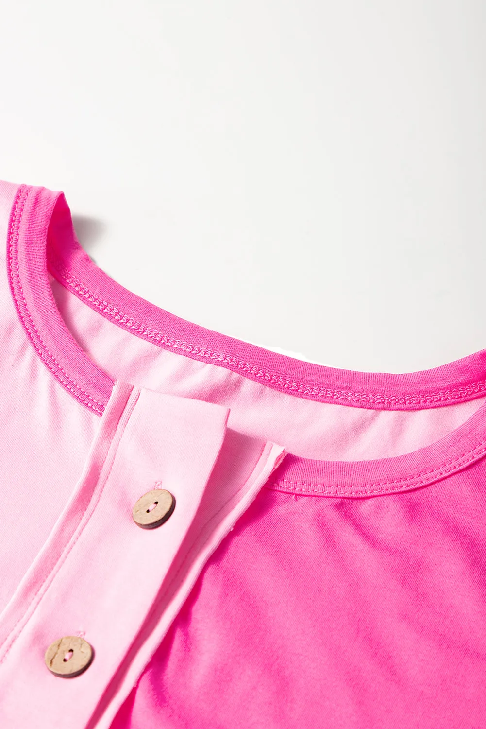 Bright Pink Colourblock Patchwork Short Sleeve Buttons Plus Size Henley Top sold by eAura product image thumbnail 5