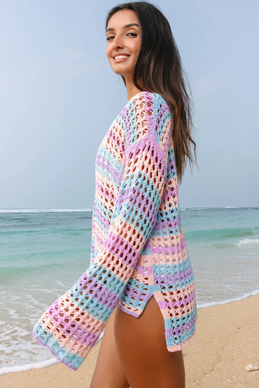 Purple Multi Stripe Open Knit Sweater Beach Cover Up sold by eAura product image thumbnail 3