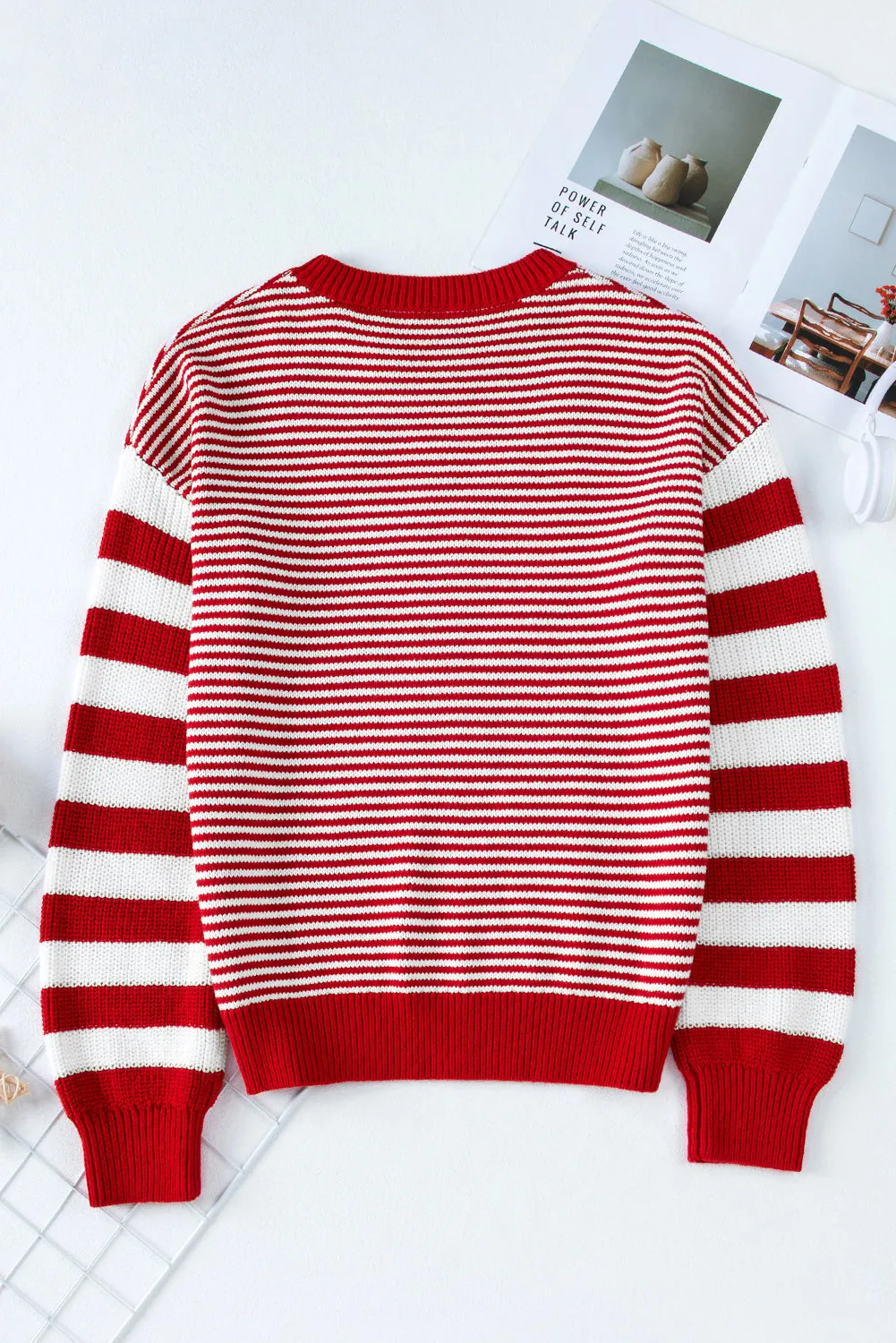 Red Stripe Geometric Textured Drop Shoulder Sweater sold by eAura product image thumbnail 5