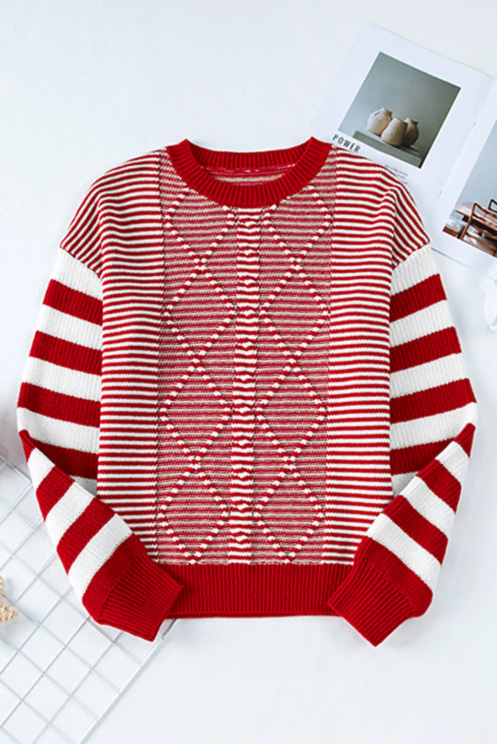 Red Stripe Geometric Textured Drop Shoulder Sweater sold by eAura product image thumbnail 4