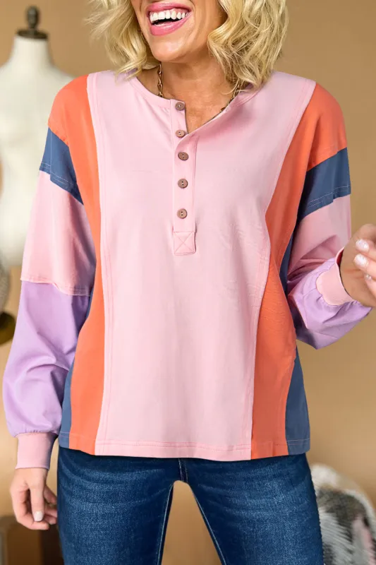 Pink Colourblock Long Sleeve Buttons Henley Top sold by eAura