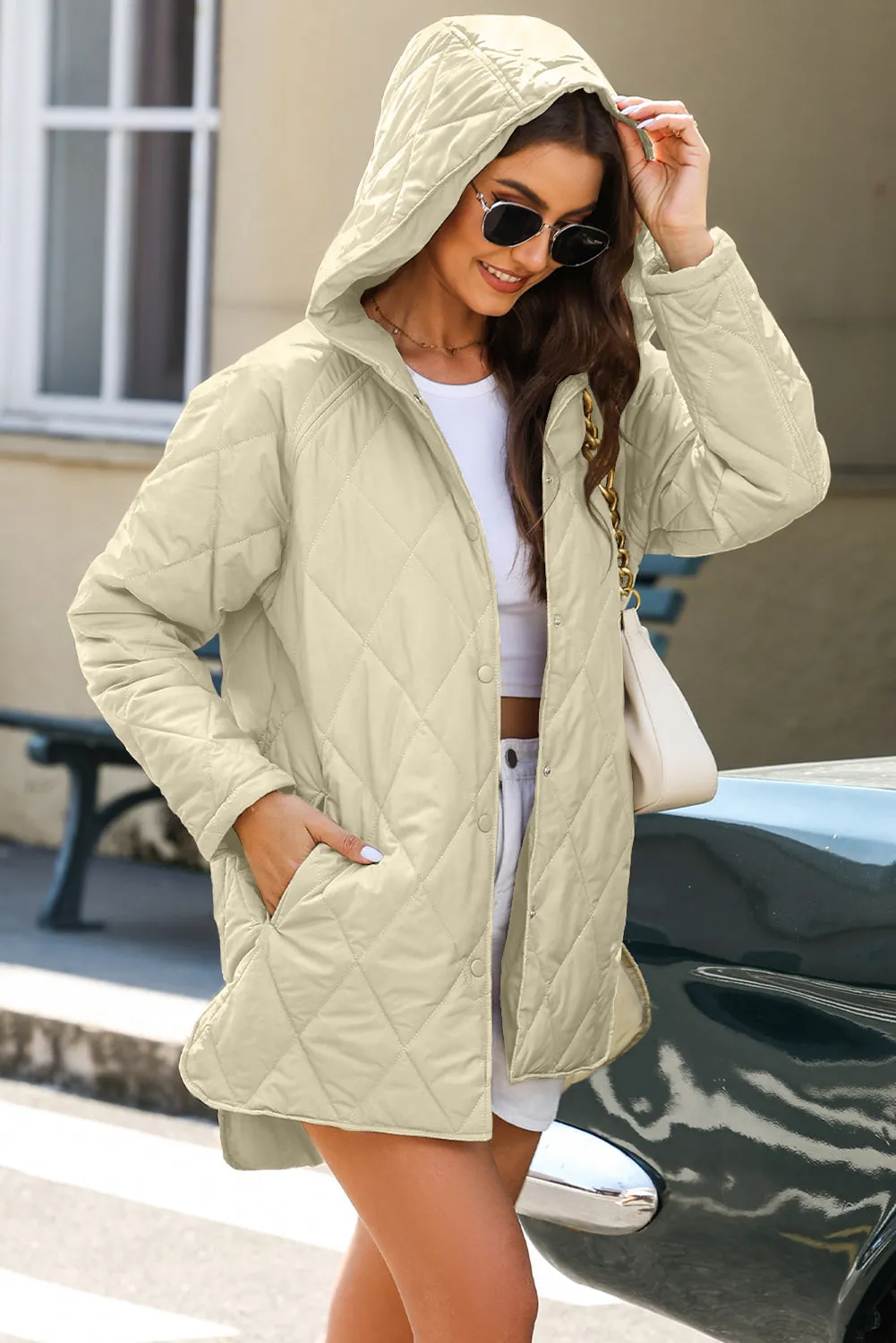 Beige Quilted Snap Button Hooded Coat sold by eAura product image thumbnail 3