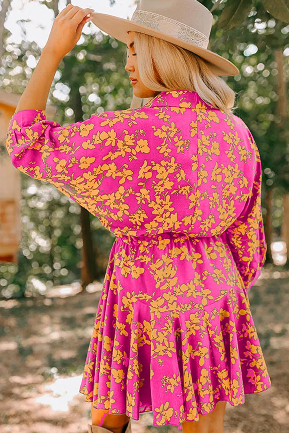 Pink Floral Print Drawstring Tunic Flowy Short Dress sold by eAura product image thumbnail 2