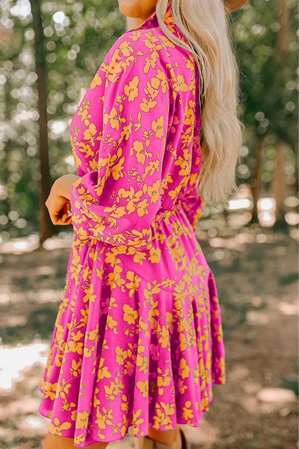 Pink Floral Print Drawstring Tunic Flowy Short Dress sold by eAura product image thumbnail 3