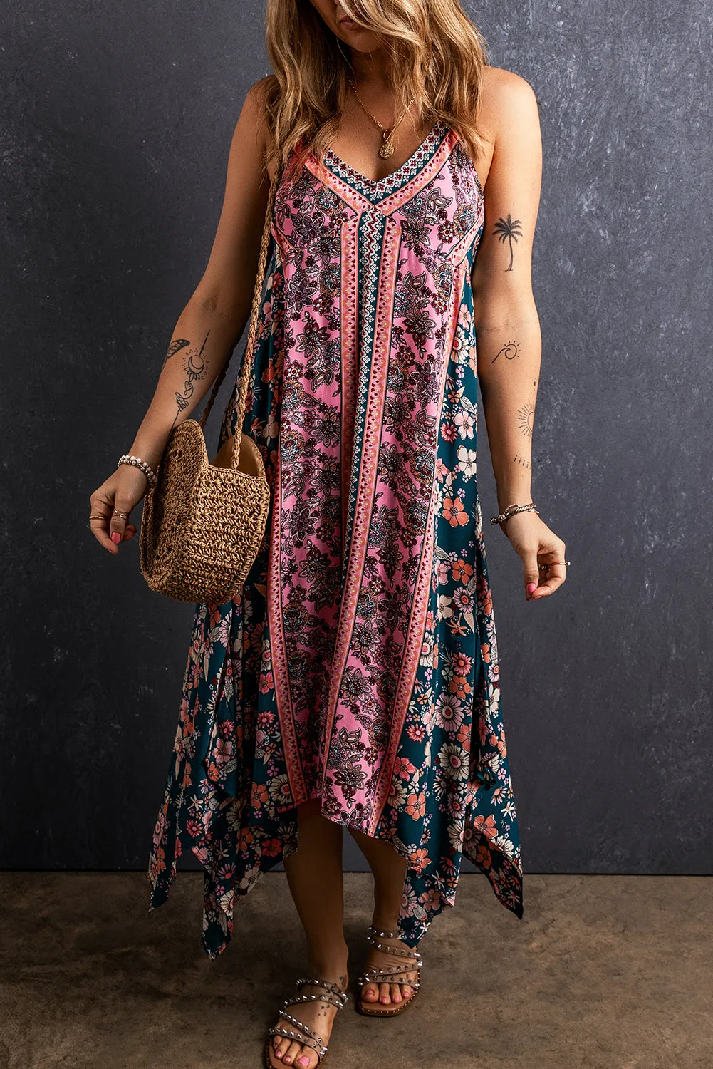 Pink Bohemian Floral Patchwork Print Long Sundress sold by eAura product image thumbnail 3