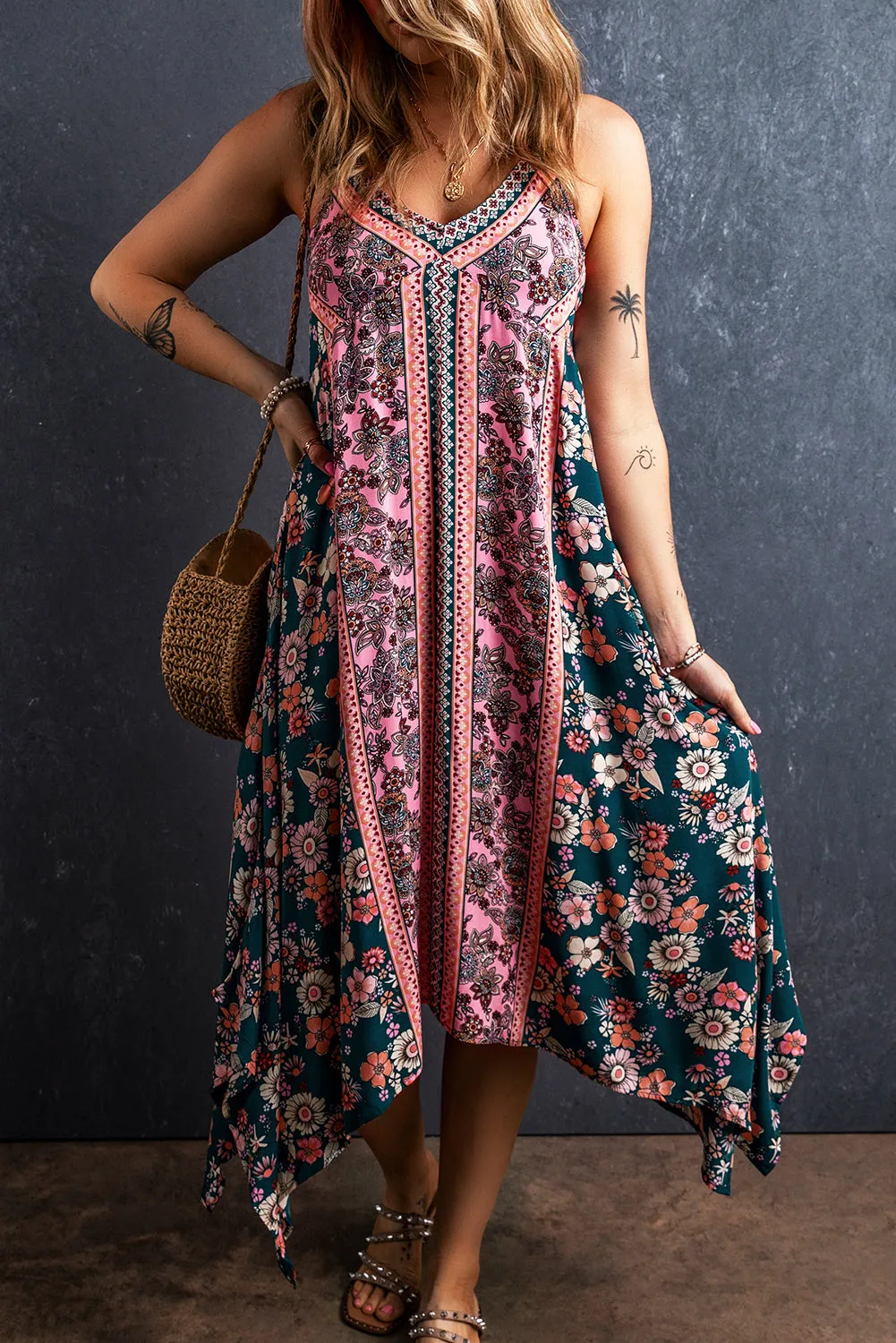 Pink Bohemian Floral Patchwork Print Long Sundress sold by eAura