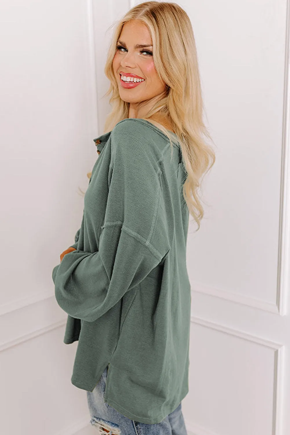 Seagrass Plus Size Exposed Seam Drop Shoulder Henley Top sold by eAura product image thumbnail 3