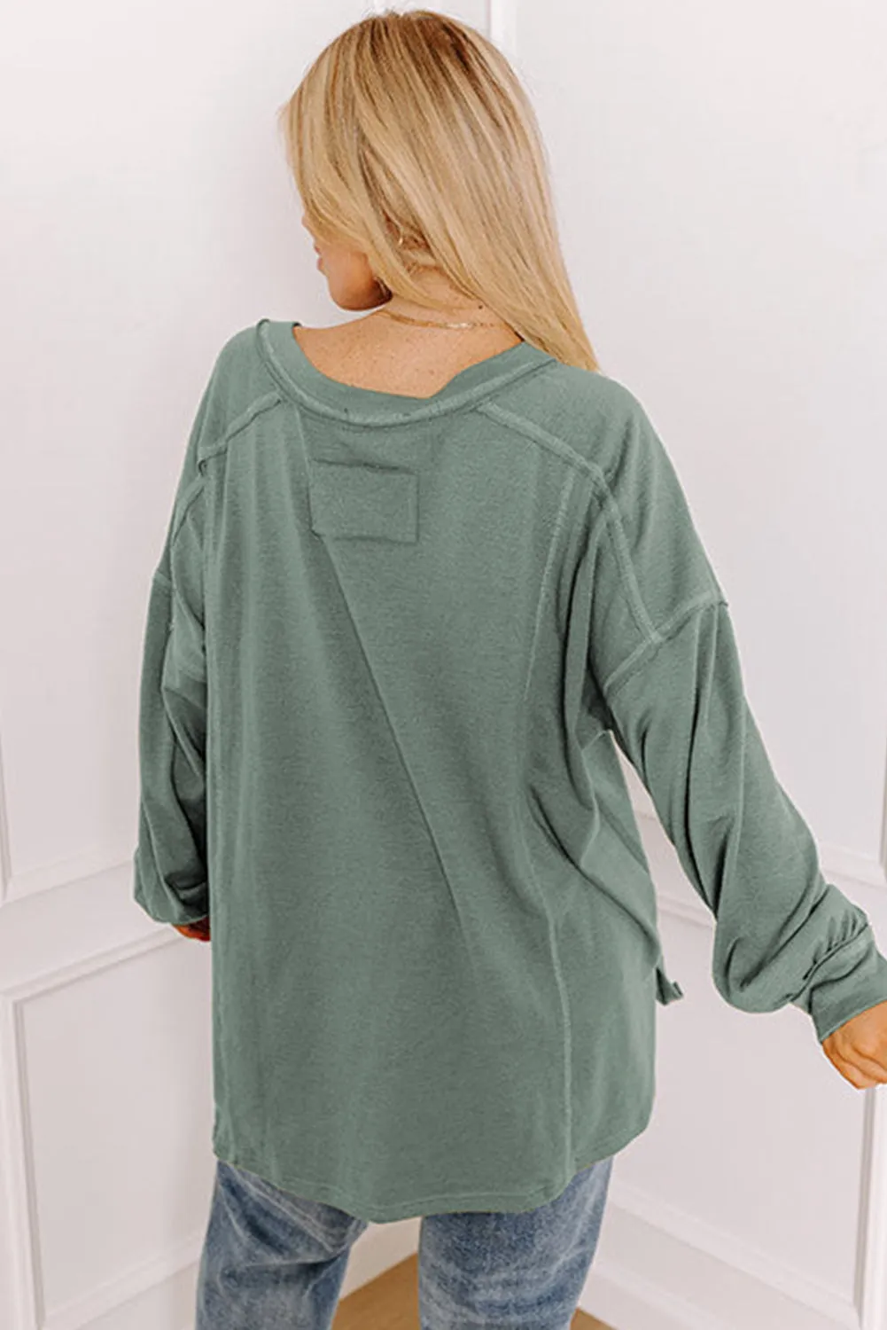 Seagrass Plus Size Exposed Seam Drop Shoulder Henley Top sold by eAura product image thumbnail 2